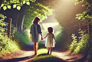 An image of two young sisters walking down a country lane