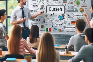 A teacher at a whiteboard filled with foreign words, teaching a class languages.