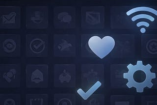 Illustration of glowing system-style icons such as a heart, Wi-Fi signal, gear, and checkmark over a dark blue grid of blurred symbols.