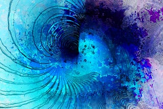 Watercolour style image of spiralling water, like a vortex, in aquamarine, cobalt and purple.