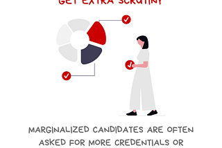 Image with the message I notice when job seekers get extra scrutiny. Marginalized candidates are often asked for more credentials or doubted in ways others aren’t. There’s an illustration of a person bringing additional data to check off missing items from a chart. Along the bottom of the graphic is the @BetterAllies handle and credit to @ninalimpi for the illustration.