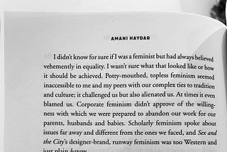 Amani Haydar’s words on her book The Mother Wound, which I think illustrate sophisticatedly the dilemma Muslim women have about feminism. The above words personally resonate well with me.
