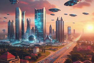 An image of Abuja city in the future with technology buildings space robots and a beautiful sunset.