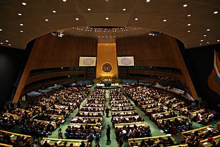 A photograph of the United Nations (UN) General Assembly Hall