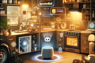 A futuristic scene showing an advanced AI-powered virtual assistant in a cozy home setting. The AI assistant is seamlessly integrated into various devices such as a smart speaker, a home security system, a car’s dashboard, and a kitchen appliance. The image captures the assistant helping with tasks like managing a shopping list, handling phone calls, and controlling home security.