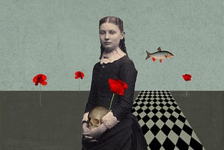 Digital collage. Photo of a young girl holding a human skull. Red poppies and a flying fish in the distance.