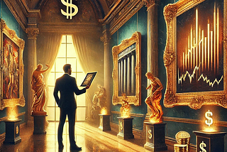 Luxurious art gallery with a collector examining investing in fine art