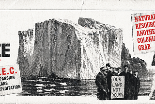 A newspaper like cut-out with an iceberg and people holding a poster