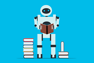 cartoon image of a robot holding an open book and standing next to a stack of books