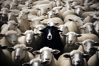 One black sheep in a herd of white sheep