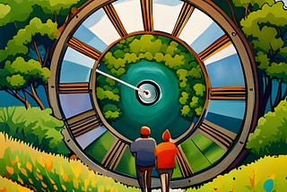 Two persons walk toward a large time machine that looks like a clock face resting on the ground in a colorful park. Where will they end up? The future or the past? How can we know? How will they choose?