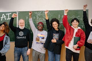 Professor/teacher wearing an OpenAI sweater and students from the class raise their right hands in celebration in front of a chalkboard that has “AI” written on it.