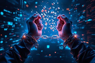 Stylized image of hands breaking apart glowing chains against a digital background of data streams and code. Analytics icons, charts, and data visualizations float upward from the breaking chains, symbolizing liberation from data access barriers and dependencies