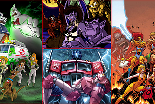 A collage featuring some of our favorite Saturday-morning cartoons: the Scooby Gang (cleverly dressed as the Ghostbusters), Disney’s Gargoyles, the Transformers’ Optimus Prime (and damaged female bot), and the team-up of the century —the  ThunderCats and the Masters of the Universe.