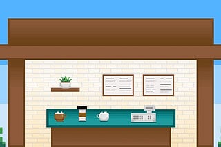 A simple cafe illustrated in a pixelated style