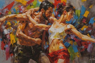 Oil painting of a man and woman dancing