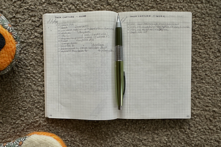 Photo of an open A6 notebook with handwritten lists and a mechanical pencil in the centre. The book is lying on carpet and there are glimpses of a little girl’s slippers nearby