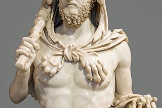 Photograph of marble bust of the Roman Emperor Commodus cosplaying as Hercules astride the globe. The bearded figure wears a lion’s skin and holds a club in his right hand and the golden apples of Hesperides in his left. Capitoline Museums, Rome. (Photo by Marie-Lan Nguyen released to the public domain.)