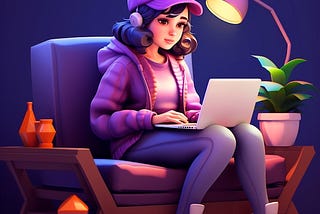 A woman wearing a purple jacket, sitting on a chair and using a laptop with concentration.