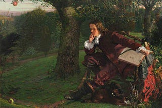 Painting: Isaac Newton in His Garden at Woolsthorpe, in the Autumn of 1665. Robert Hannah.