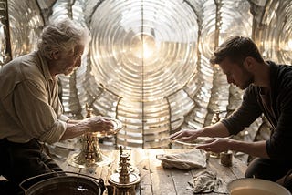 An elderly lighthouse keeper and a younger engineer carefully polish a large Fresnel lens together inside a historic lighthouse as warm afternoon light reflects through the glass.