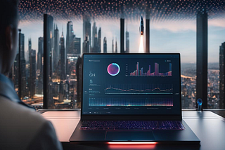 A sleek, futuristic AI assistant hovering over a computer screen displaying a graph of content engagement, with a rocket launching in the background.