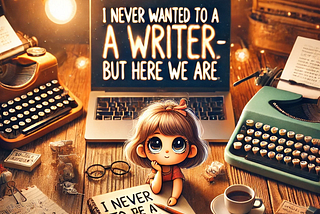A cozy wooden desk with scattered handwritten notes, a steaming coffee cup, a retro typewriter, and a glowing laptop screen displaying the title “I Never Wanted to Be a Writer — But Here We Are” in bold, playful font. A pencil and a crumpled sheet of paper are in the background, symbolizing the early struggles of writing. The warm lighting creates a casual and relatable atmosphere.