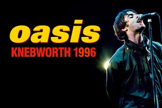 Promotional image for the 2021 film Oasis: Knebworth 1996 shows singerLiam Gallagher at the microphone