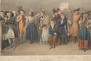 National Portrait Gallery lithograph, Richard Yates (‘Portraits of him in the various characters in his entertainment entitled “Yates’ Reminiscences”’), showing the same man in a tableau in various costumes, including an old woman in a hat and shawl, a woman with a basket on her head, a man waving a banner which reads ‘Vote for Lush’ (cut off so we can’t see what ‘lush’ was supposed to spell), a Jacobin, a man in uniform, a man in an apron sitting down, and what may be a vicar