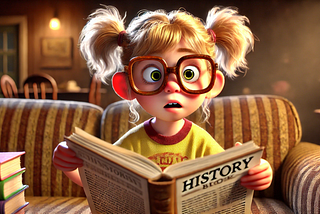 Little girl reading a history book and looking baffled by the information she’s reading