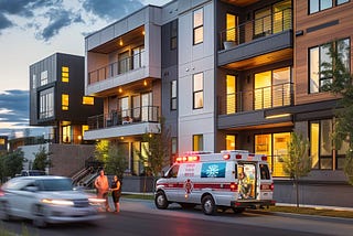 hospital, with ambulance out front