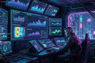 Imagem de Ambiente de trabalho futurista, com telas exibindo gráficos e dashboards, uma pessoa sentada em uma estética Cyberpunk (imagem criada por IA)
