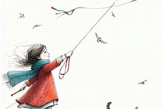 Little girl flying a kite. Her kitten is walking with her on a sidewalk.