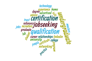 Cloud of words saying jobseeking, qualification, undergraduate, masters, degree, technology, experience, home lab, trust