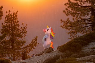 A person in a unicorn costume stands on top of some boulders overlooking a wooded valley during sunset.