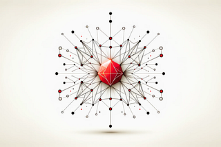 Minimalist abstract representation of a DAO startup with a central red dot symbolizing the core of decentralized technology, surrounded by interconnected lines forming a simple blockchain network, set against a spacious white background for a clean, modern look.