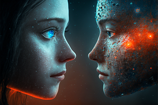 A metaphorical visualization of the Truing Test by showing two persons face each other. Left one is looking like a female human while the right one is looking like a stylized robot