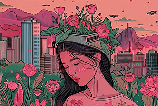 AI image created on MidJourney V6 by henrique centieiro and bee lee, japanese woman in futuristic world, flowers growing out of her head