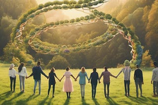 People standing in a field holding hands, forming a double helix. (Generated with pixlr by the author.)