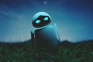 A robot in a field at twilight eyeballs the viewer with a menacing expression.