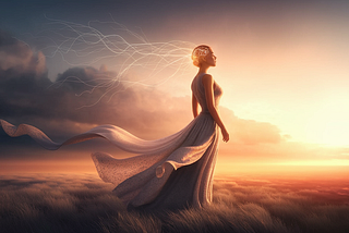 A woman stands at the edge of a vast landscape, bathed in the golden light of a new dawn. Neural connections subtly glow around her head, symbolizing the brain’s power to heal and rewire. Behind her, stormy clouds represent past struggles, while the clear sky ahead signifies hope, transformation, and emotional resilience.