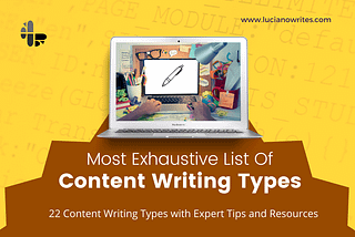 A header image displaying a laptop and text saying “content writing types”