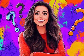 A smiling woman stands confidently with her arms crossed, surrounded by bold question marks, symbolizing curiosity and inquiry.