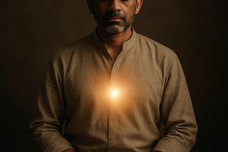 A middle-aged Indian man with light brown skin and graying hair sits peacefully in meditation. He wears a beige kurta and dark brown pants, with a warm golden light radiating softly from his chest, symbolizing inner clarity and spiritual awakening, set against a dark, blurred background that emphasizes stillness and presence.