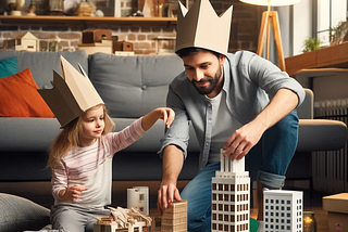 Scene of a young girl and her dad building a model city in their living room.