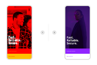 Contrast of two mobile login UIs: A jarring red version on the left versus a professional purple version on the right.