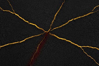 An overhead view of cracked black terrain split by seven glowing gold fault lines with deep red showing through, representing the seven markers of Silent Collapse beneath solid ground.