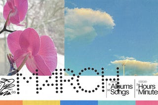 A header graphic divided in to horizontal sections. The top section has two photos next to each other with no padding. On the left is a a close-up photo of the back of two pink orchid flowers in front of a snow-covered windowsill. On the right is a a photo of a blue sky with two large clouds, and the top of a large highway streetlight pole. Below the photos is text denoting March’s edition of WILT (this post) and the metadata of the music described throughout.