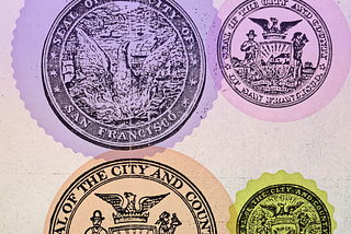 Archival memo of old city seals, with colorful circles decoratively overlaid on top
