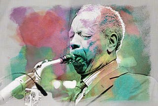 Black and white photo of Ornette Coleman, colored over with watercolor
